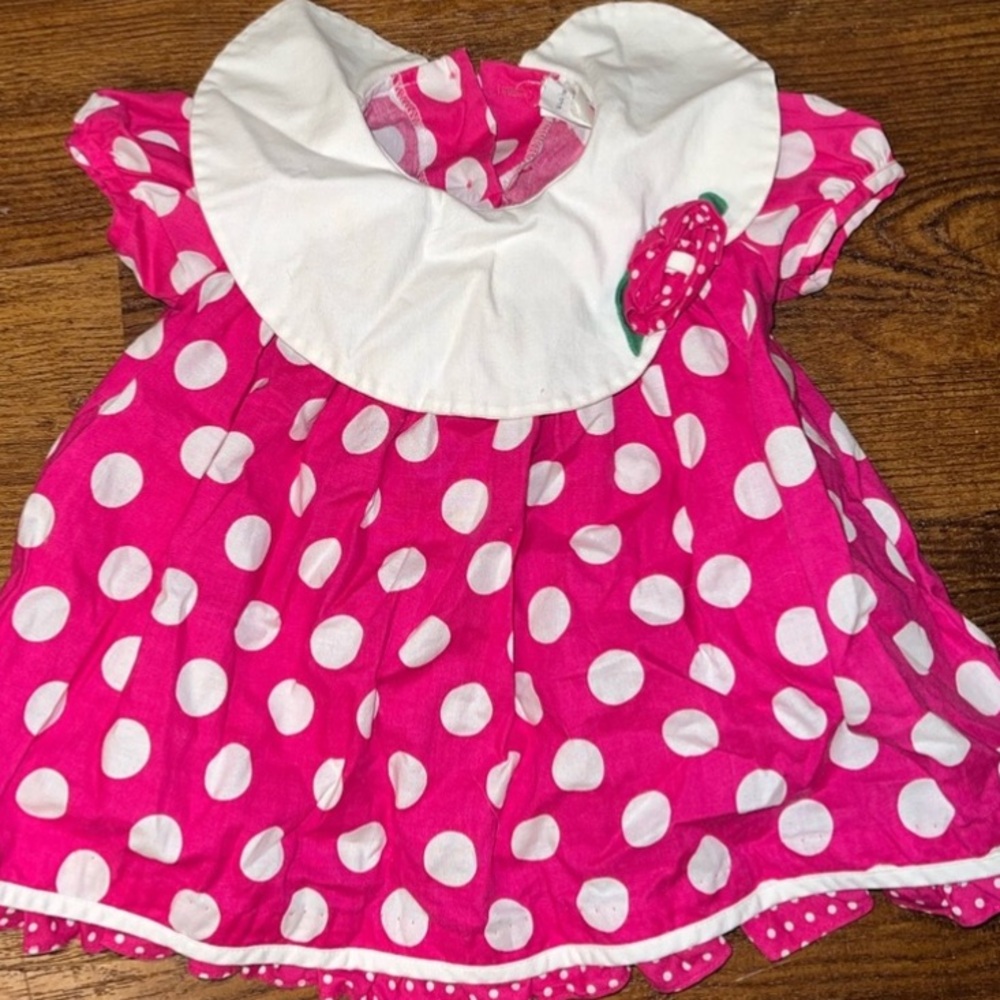 Vintage Bonnie Baby Pink and White Polka Dot Collar Floral Dress Size 12 Month - Picture 3 of 9
